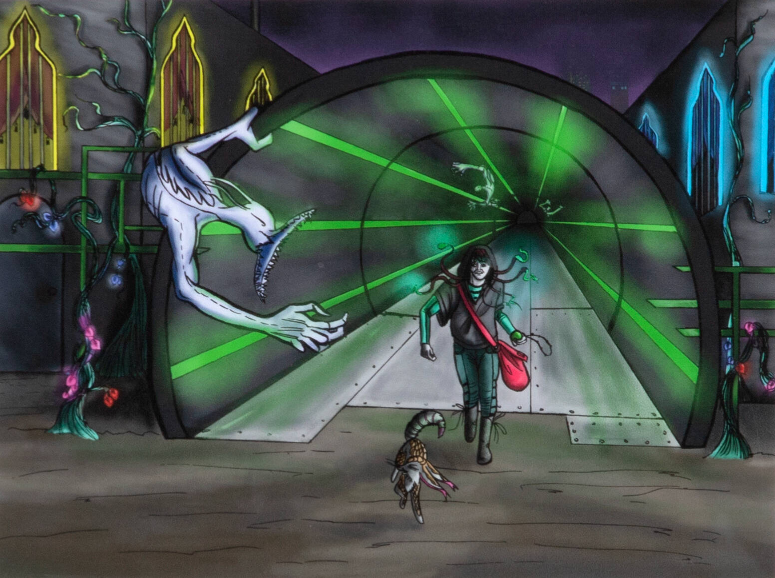 Digital illustration of a person and an animal running out of a tunnel with neon green lasers. A grey monster leans over the opening of the tunnel.